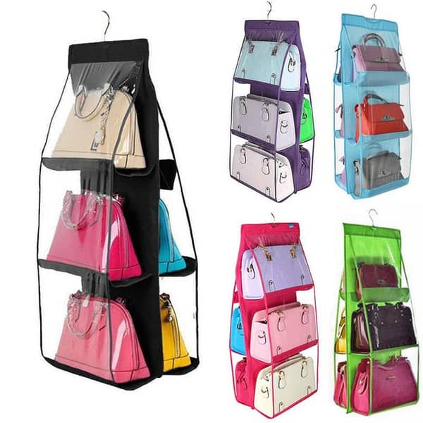 6 Pockets Hanging Purse Handbag Organizer Clear Hanging Shelf Bag Collection Storage Holder Collection Wardrobe Closet Space Saving Anti-dust Cover