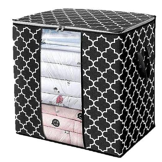 Black Quilt Storage Bag with Transparent PVC Window - Foldable, Non-Woven Fabric Organizer for Clothes and Travel