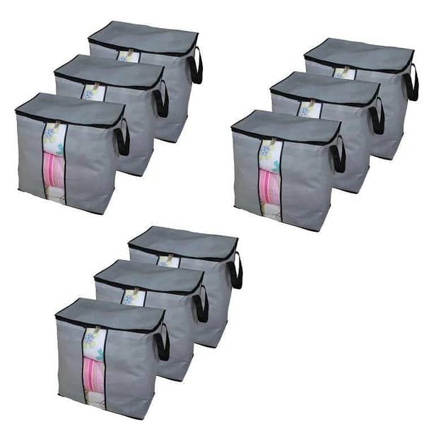 Pack of 9 - Portable Bamboo Charcoal Clothes Blanket Large Folding Bag, Charcoal Bag, Non woven Portable Clothes Storage Bag with Clear View Window For Pillow Quilt Blanket Bedding, Large Foldable Clothes Storage Zipper Bag, Cloth Storage Box for wardrobe
