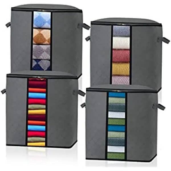 Set of 4 Non-woven Foldable Storage Bags in Green, Blue, Orange, and Gray - Organizer for Clothes and Quilts