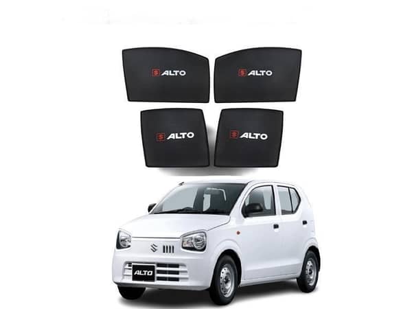 Premium Combo Pack: 4 Pcs Sun Shades & 7D Black with Red Trunk Mat for Suzuki Alto 660cc