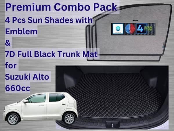 4-Piece Sun Shades Set and 7D Full Black Trunk Mat for Suzuki Alto 660cc