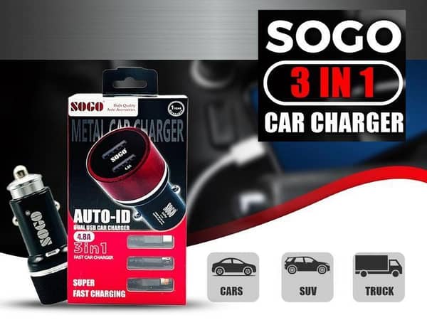 Sogo Dual USB Port 3 in 1 Car Charger
