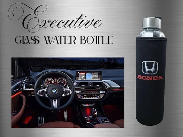 Honda Emblem Executive Glass Water Bottle with Black Fabric Cover