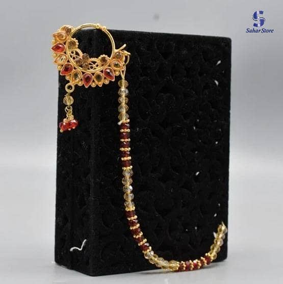 Stylish bridal non pericing red nath with cristal chain