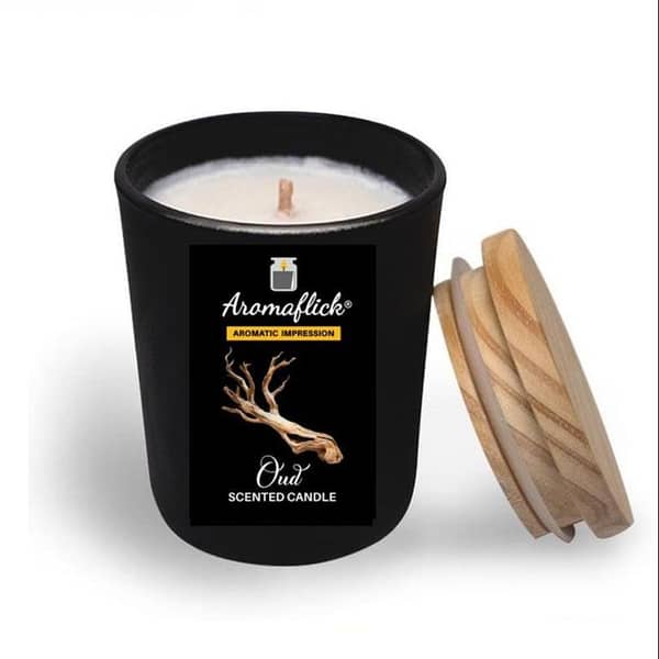 AROMAFLICK Oud Customized Scented Candle in Black Glass