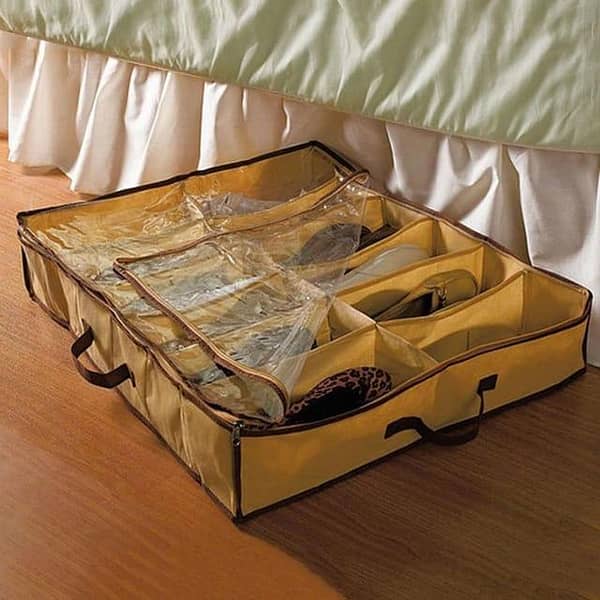Under Bed Shoe Organizer Bag Hard Solid Fabric with Clear Plastic Zip Cover Store up to 12 Pairs of Shoes 1 Pcs