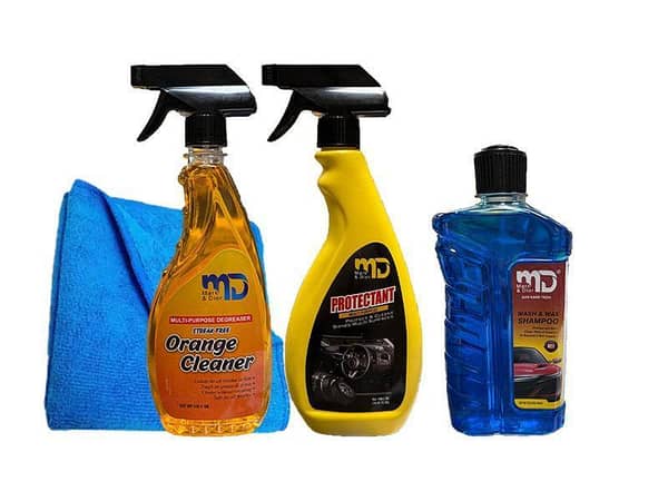 M&D 4-in-1 Car Cleaning Kit: Dashboard Protectant, Multi-Surface Cleaner, Car Shampoo, and Microfiber Cloth