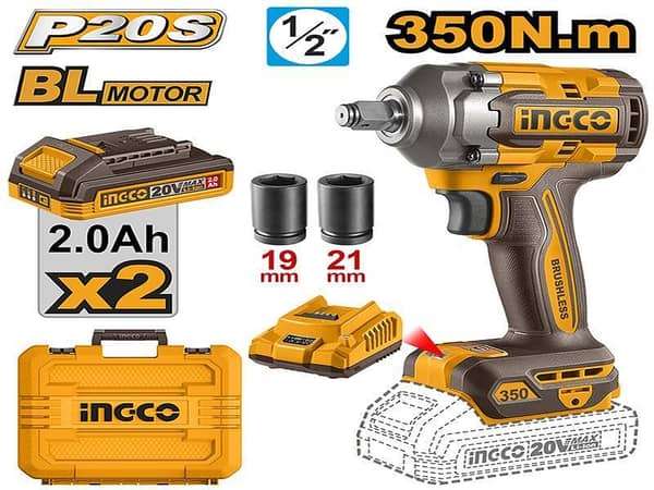 INGCO CIWLI2035 Cordless Impact Wrench with Brushless Motor and 1/2" Square Drive