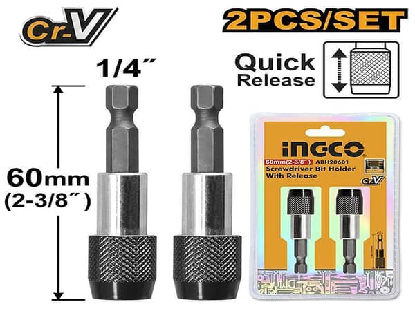 INGCO ABH20601 Screwdriver Bit Holder with Release Mechanism - 60mm, 2 Pieces per Set