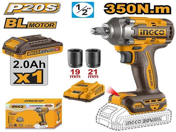 INGCO CIWLI20351 Cordless Impact Wrench with Brushless Motor and 1/2" Square Drive