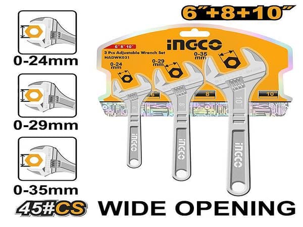 INGCO Adjustable Wrench Set of 3, Model HADWK031, Includes 150mm, 200mm, and 250mm Wrenches
