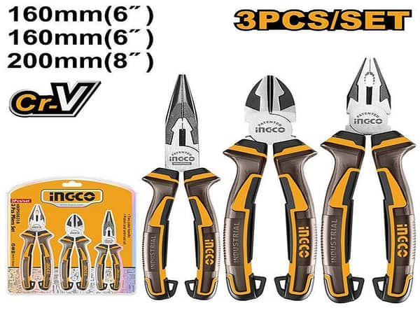 INGCO HKPS28318 Pliers Set - 3 Pieces Featuring 8" Combination, 6" Long Nose, and 6" Diagonal Cutting Pliers