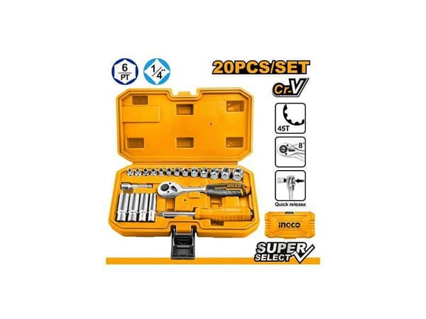 Ingco HKTS14201 20-Piece 1/4" Socket Set with Ratchet Handle and Sockets