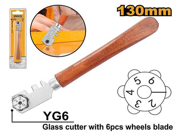 INGCO HGCT02 Glass Cutter with Wooden Handle and 6 Wheel Blades