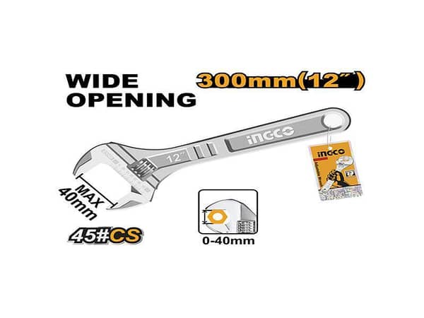 INGCO Model HADW131122 12-Inch Adjustable Wrench with 0-40mm Clamp Size