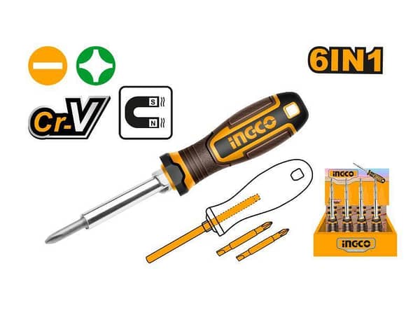 Ingco AKISD0608 6-in-1 Screwdriver Set with Interchangeable Handle and Two-Way Bits