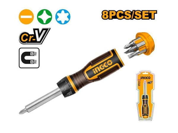 Ingco AKISD0808 8-Piece Ratchet Screwdriver Set with High-Quality Handle and 7 Screwdriver Bits