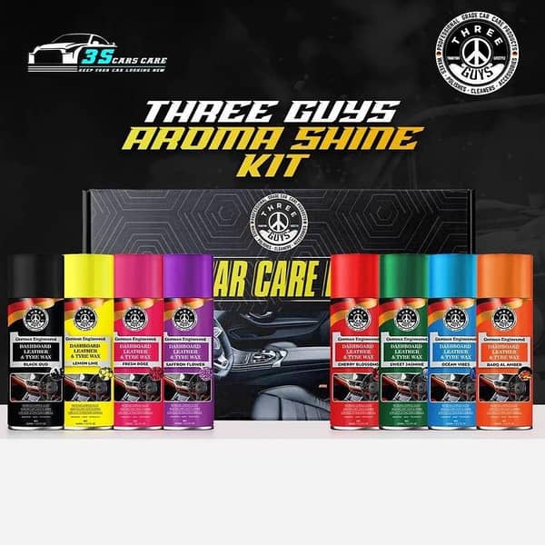 THREE GUYS Aroma Shine Kit – 8 Dashboard, Leather & Tyre Waxes with Unique Scents for a Clean and Shiny Finish