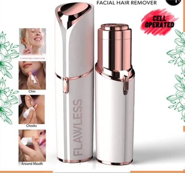 Finishing Touch Flawless Facial Hair Remover for Women - Cell Operated Electric Razor in White/Rose Gold with LED Light for Painless Hair Removal