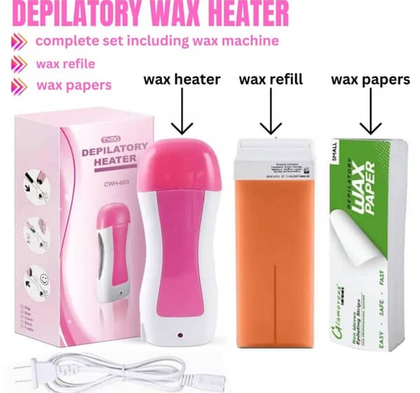 3 in 1 Depilatory Wax Roll-On Heater with Epilator, Wax Refill, and Strips for Underarm and Facial Hair Removal