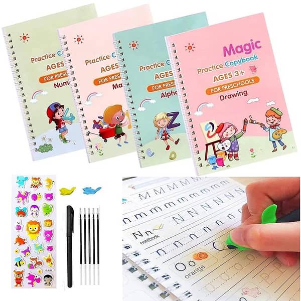 SANK Montessori Reusable Magic Book 4Magic Books + 1Magic Pen + 10Refills + 1Grip Children's Calligraphy Copybook Magic Writing Calligraphy Handwriting Copybook Set