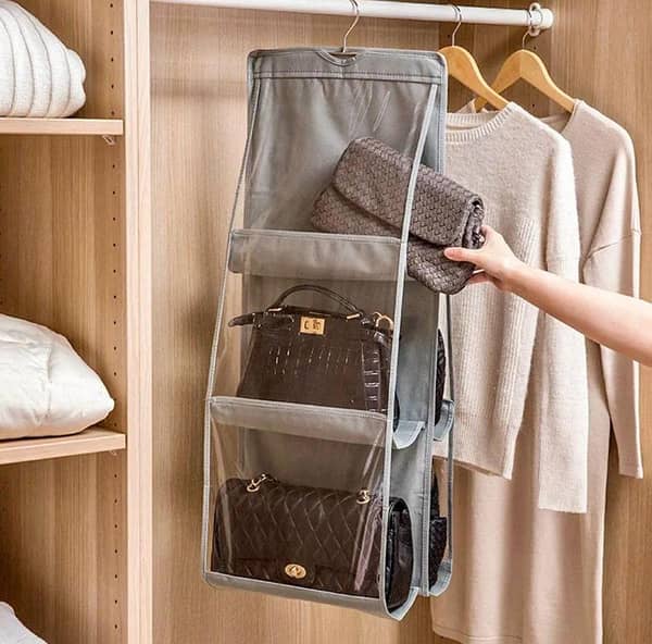 6 Pocket Hanging Handbag Organizer For Wardrobe Closet Gray Waterproof Storage Bag Door Wall Clear Sundry Bag With Hanger Pouch