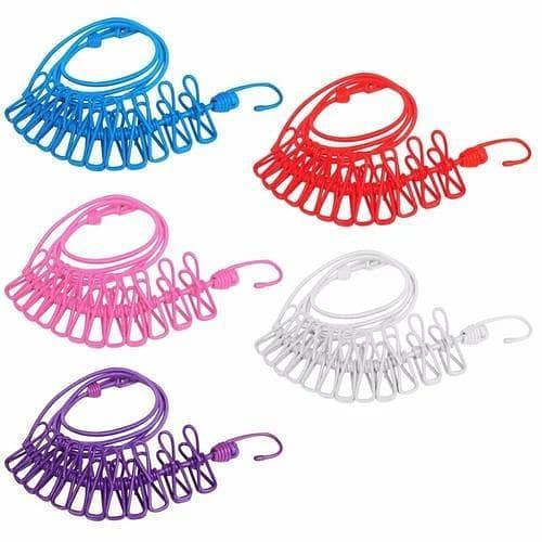 Portable Elastic Laundry Drying Rope with 12 Clips and 2 Hooks - Versatile and Windproof Clothesline for Travel and Outdoor Use