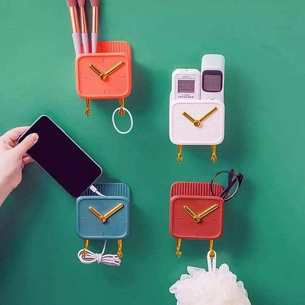 Mobile Holder Clock Style Sleek Wall-Mounted & Versatile Phone Organizer Multipurpose Wall Holder for Bedroom Phone Organizer Plug Phone Charging Stand TV Remote Control Storage Box with Hook
