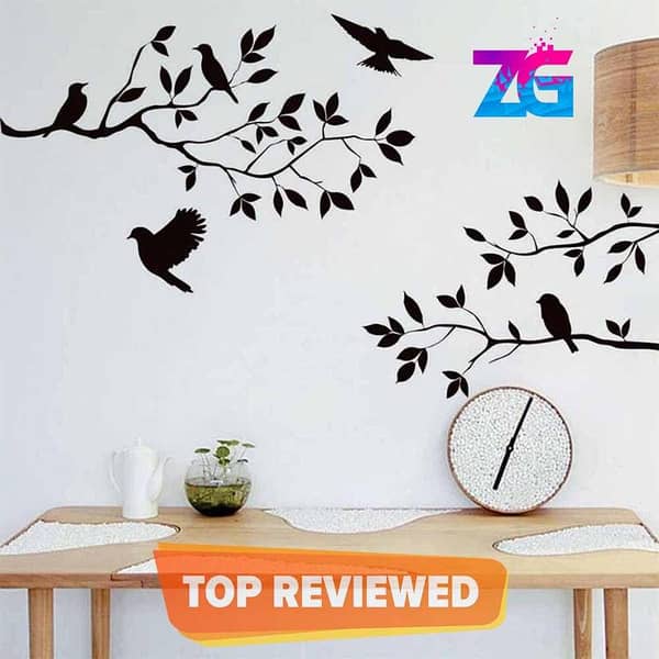 Zecor Gallery Tree with Birds Corner Wall Art Stickers for Living, Self Adhesive Kitchen Tile Sticker