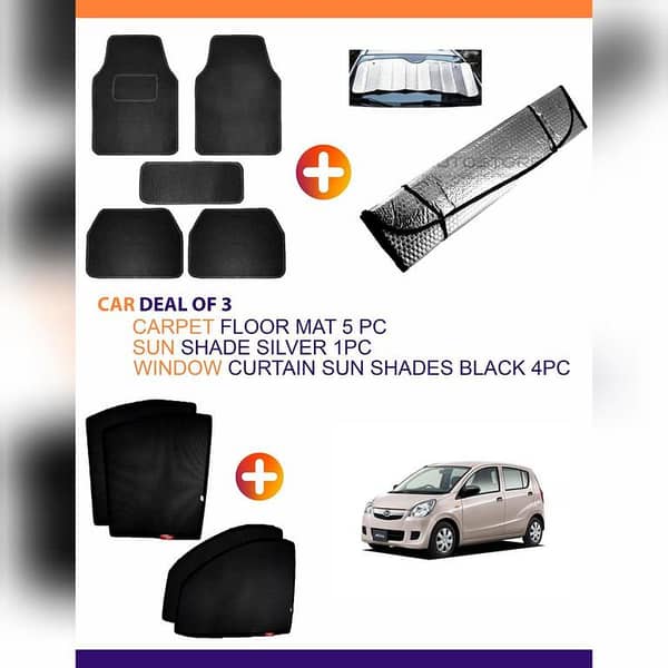 DAIHATSU MIRA 3-Piece Car Accessory Set: 5 Carpet Floor Mats, 1 Silver Sun Shade, and 4 Black Window Curtains.