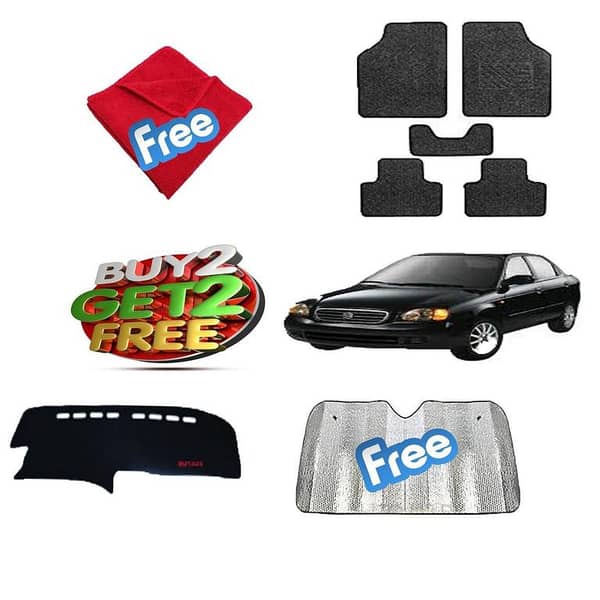 Suzuki Baleno Bundle: 4-Piece Set with Dashboard Mat, Carpet Floor Mats, Windshield Sun Shade, and Microfiber Cloth