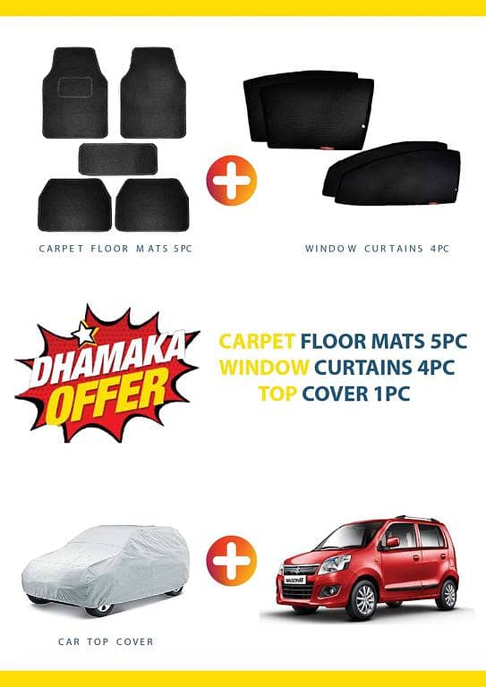 SUZUKI WAGON R DEAL OF 3 , CARPET FLOOR MAT 5PC ,WINDOW CURTAIN 4PC , TOP COVER 1PC