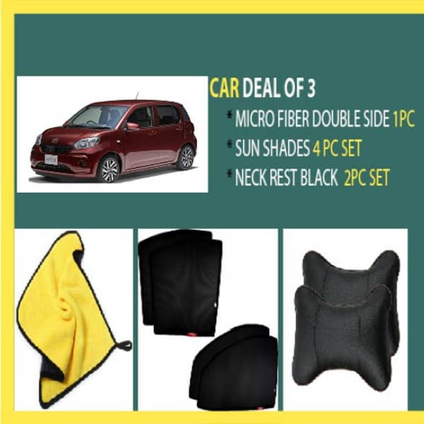 TOYOTA PASSO 2018  DEAL OF 3 ( MICRO FIBER CLOTH 1PC ,WINDOW SUNSHADES BLACK 4PC , NECK REST BLACK )
