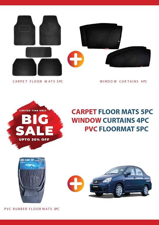 SUZUKI LIANA BIG SALE DEAL OF 3 , CARPET FLOOR MAT 5PC , RUBBER FLOOR MAT 5PC ,WINDOW CURTAIN 4PC