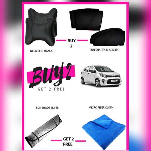 KIA Picanto Accessory Set: 1 Micro Fiber Cloth, 4 Black Window Sunshades, 2 Black Neck Rests, and 1 Silver Sun Shade