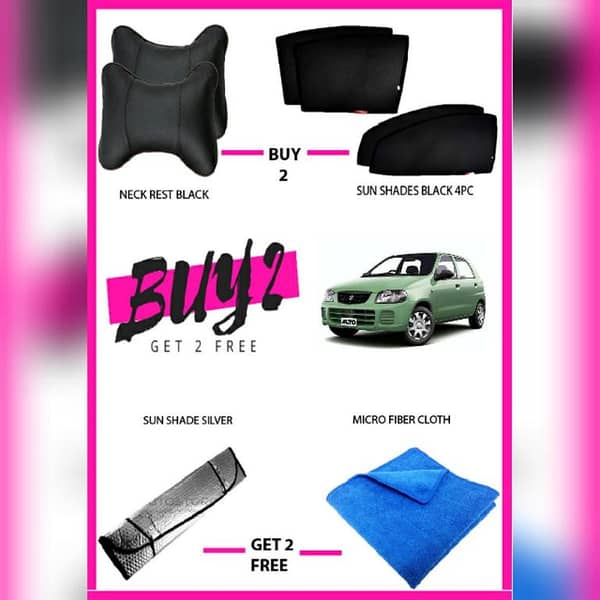 SUZUKI ALTO DEAL OF 4 ( MICRO FIBER CLOTH 1PC ,WINDOW SUNSHADES BLACK 4PC , NECK REST BLACK, SILVER SUN SHADE)