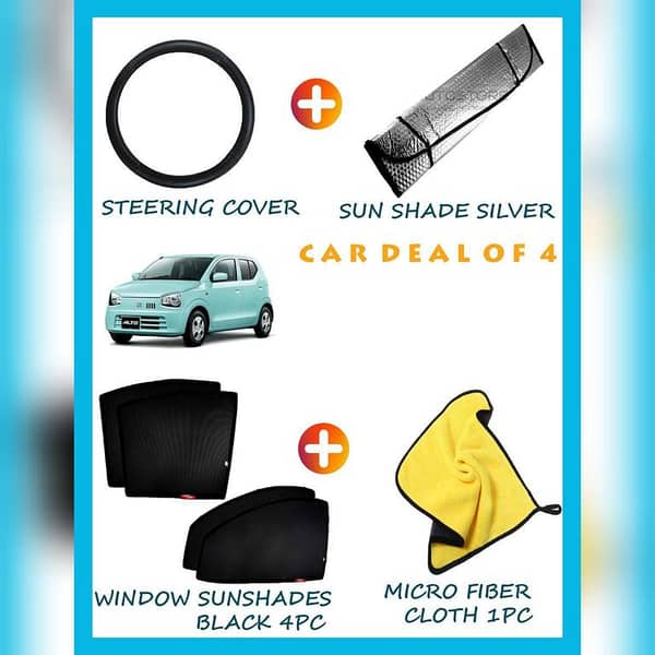 SUZUKI ALTO NEW DEAL OF 4 ( MICRO FIBER CLOTH 1PC ,WINDOW SUNSHADES BLACK 4PC , STEERING COVER, SILVER SUN SHADE)