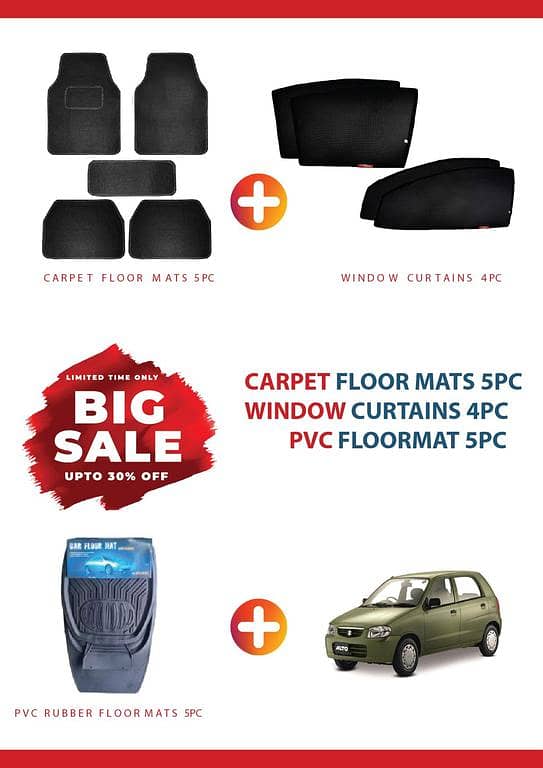 SUZUKI ALTO BIG SALE DEAL OF 3 , CARPET FLOOR MAT 5PC , RUBBER FLOOR MAT 5PC ,WINDOW CURTAIN 4PC