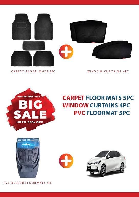 TOYOTA COROLLA 2013-20 BIG SALE DEAL OF 3 , CARPET FLOOR MAT 5PC , RUBBER FLOOR MAT 5PC ,WINDOW CURTAIN 4PC