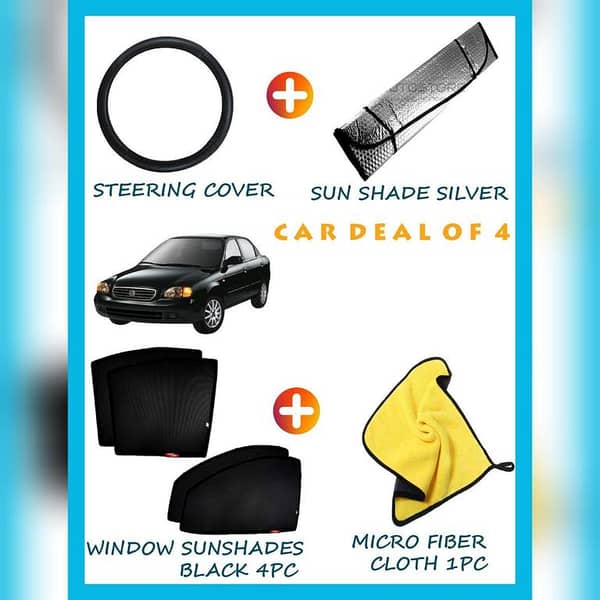SUZUKI BALENO DEAL OF 4 ( MICRO FIBER CLOTH 1PC ,WINDOW SUNSHADES BLACK 4PC , STEERING COVER, SILVER SUN SHADE)