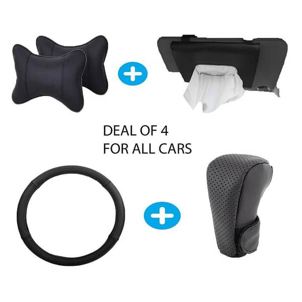 BLACK INTERIOR DEAL OF 4 ,NECK REST BLACK ,SUN VISOR TISSUE BOX BLACK ,STEERING COVER BLACK & GEAR KNOB COVER BLACK (UNIVERSAL FOR ALL CARS)