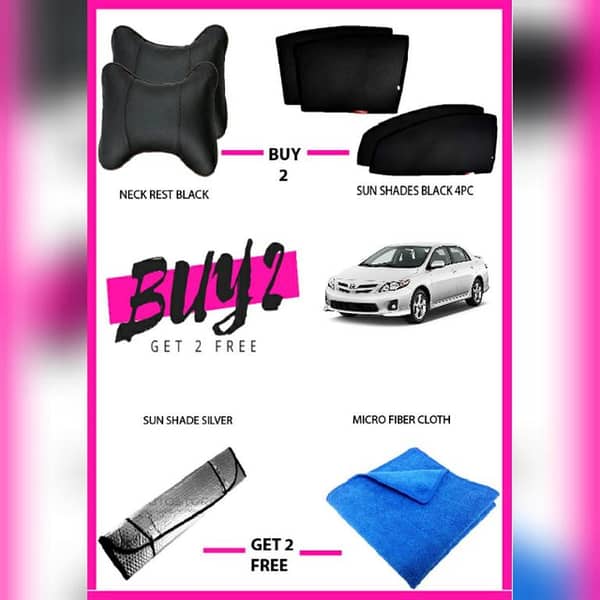 Toyota Corolla 2009-2012 Accessory Set: 4 Window Sunshades, Microfiber Cloth, Neck Rest, and Silver Sun Shade