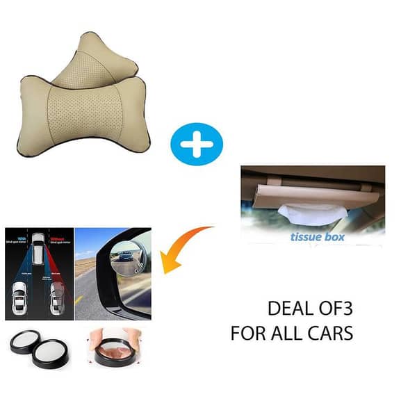 Beige Neck Rest, Sun Visor Tissue Box, and Blind Spot Mirror Bundle - 3-Piece Car Accessory Set
