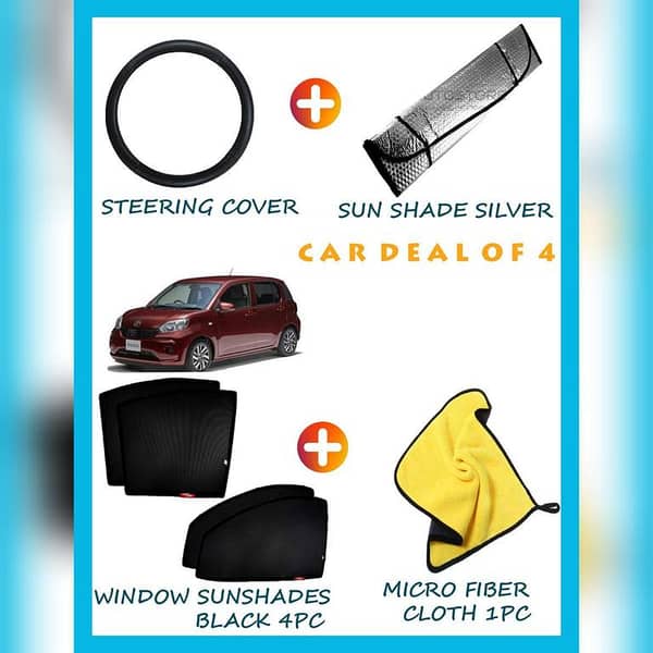TOYOTA PASSO DEAL OF 4 ( MICRO FIBER CLOTH 1PC ,WINDOW SUNSHADES BLACK 4PC , STEERING COVER, SILVER SUN SHADE)