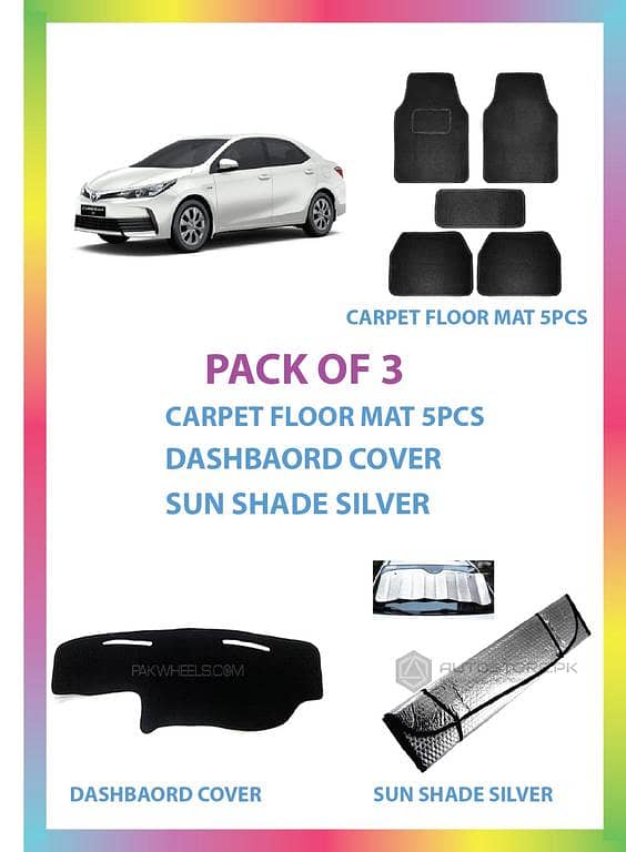 TOYOTA COROLLA 2014-2020 Set of 3: Dashboard Cover, Floor Mat, Silver Sun Shade