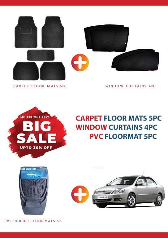 TOYOTA COROLLA 2003-08 BIG SALE DEAL OF 3 , CARPET FLOOR MAT 5PC , RUBBER FLOOR MAT 5PC ,WINDOW CURTAIN 4PC
