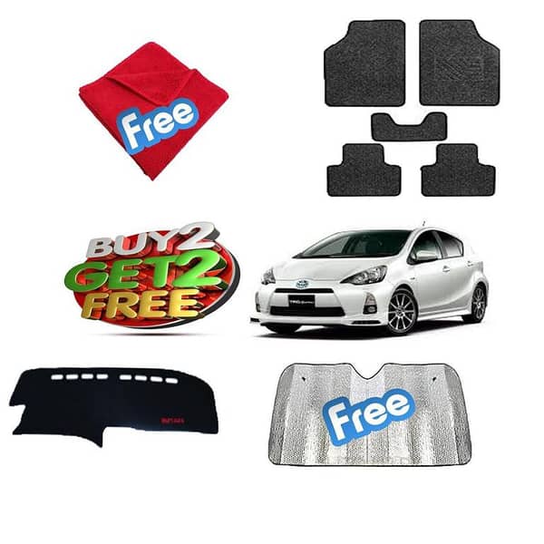 TOYOTA AQUA 4-Piece Set: Dashboard Mat, Carpet Floor Mats, Windshield Sun Shade, and Micro Fiber Cloth