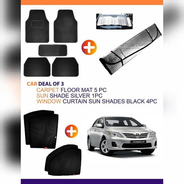 2013-2020 TOYOTA COROLLA Accessory Package: 5 Carpet Floor Mats, 1 Silver Sun Shade, and 4 Black Window Curtain Sun Shades