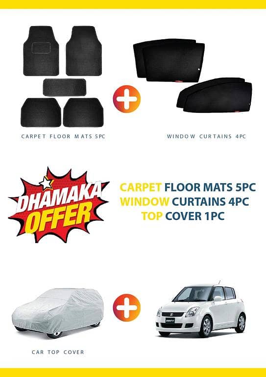 SUZUKI SWIFT DEAL OF 3 , CARPET FLOOR MAT 5PC ,WINDOW CURTAIN 4PC , TOP COVER 1PC